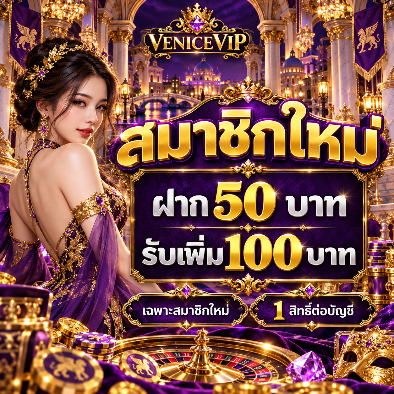 โปรโมชั่น venicevip สมาชิกใหม่ ฝาก 50 บาท รับเพิ่ม 100 บาท